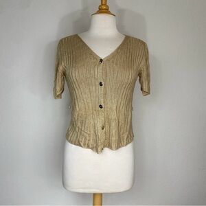 Quadro Italy Women Gold Short Sleeve Button Knit Cardigan Size XS Classic Preppy
